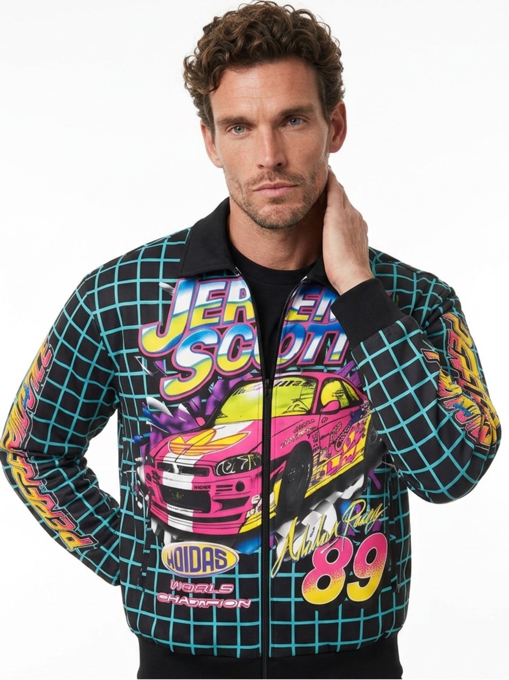 Adidas Jeremy Scott Racing Track Jacket Black Neon Grid Graphics Mens H53372